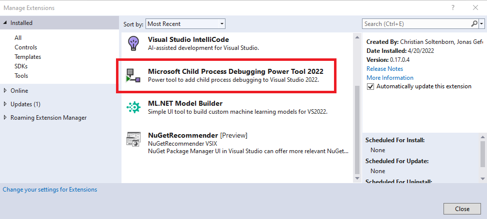 Child Process Debugging Visual Studio 拡張機能のインストール