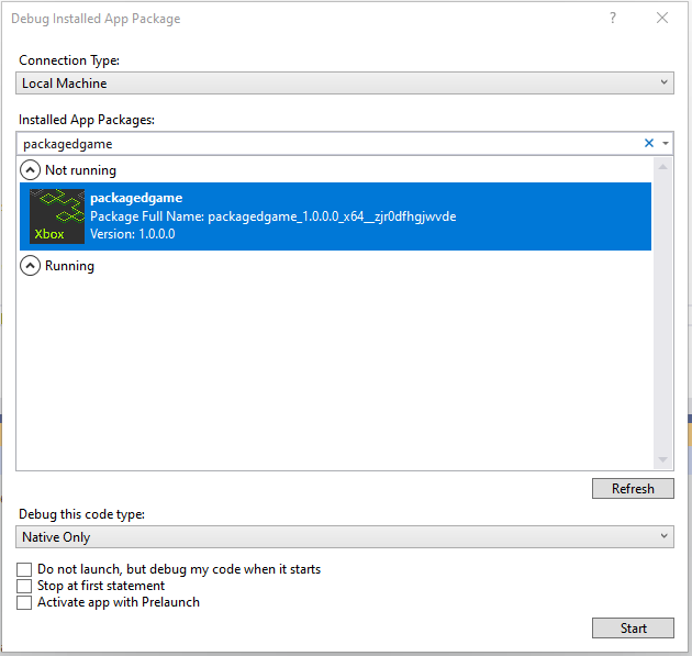 Visual Studio の [Debug Installed App Package] ダイアログ