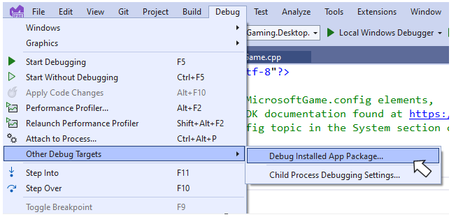 Visual Studio の [インストール済みアプリ パッケージのデバッグ] メニュー項目