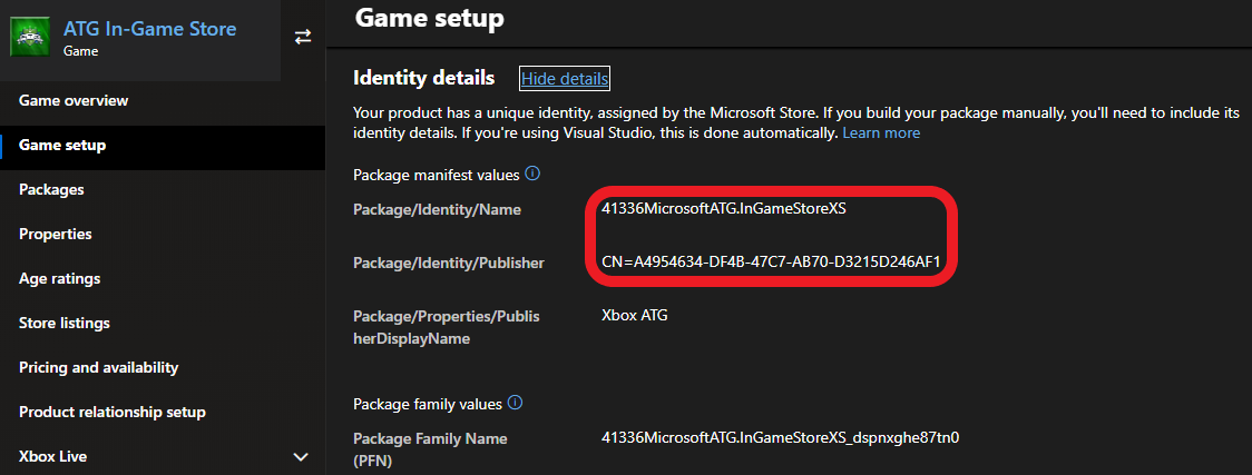 ゲームのセットアップ > パッケージ/ID/名前と発行元を丸で囲んだ ID の詳細