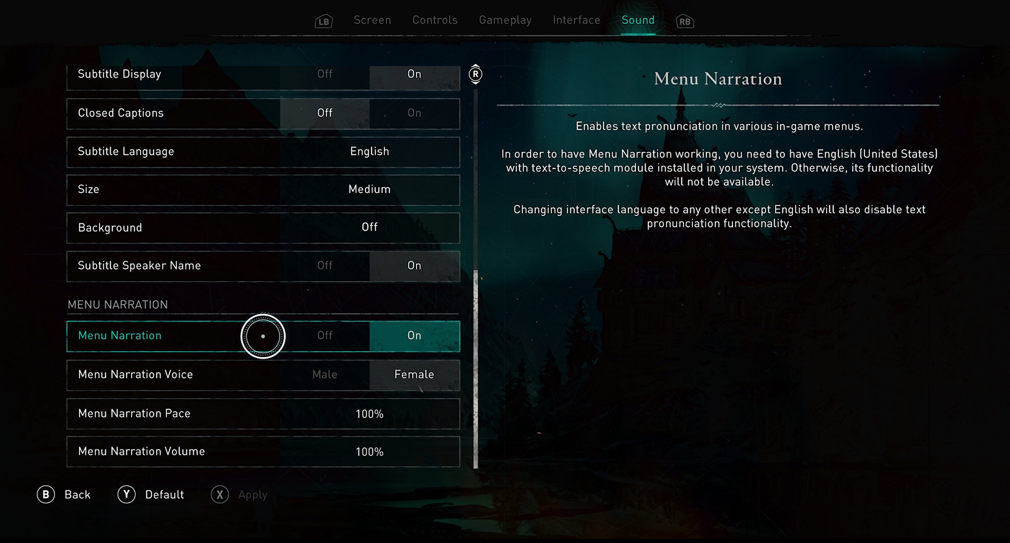 ゲーム内サウンド メニューのアサシン クリード ヴァルハラのスクリーンショット。 メニューのナレーション ペース設定が 100% に設定されています。