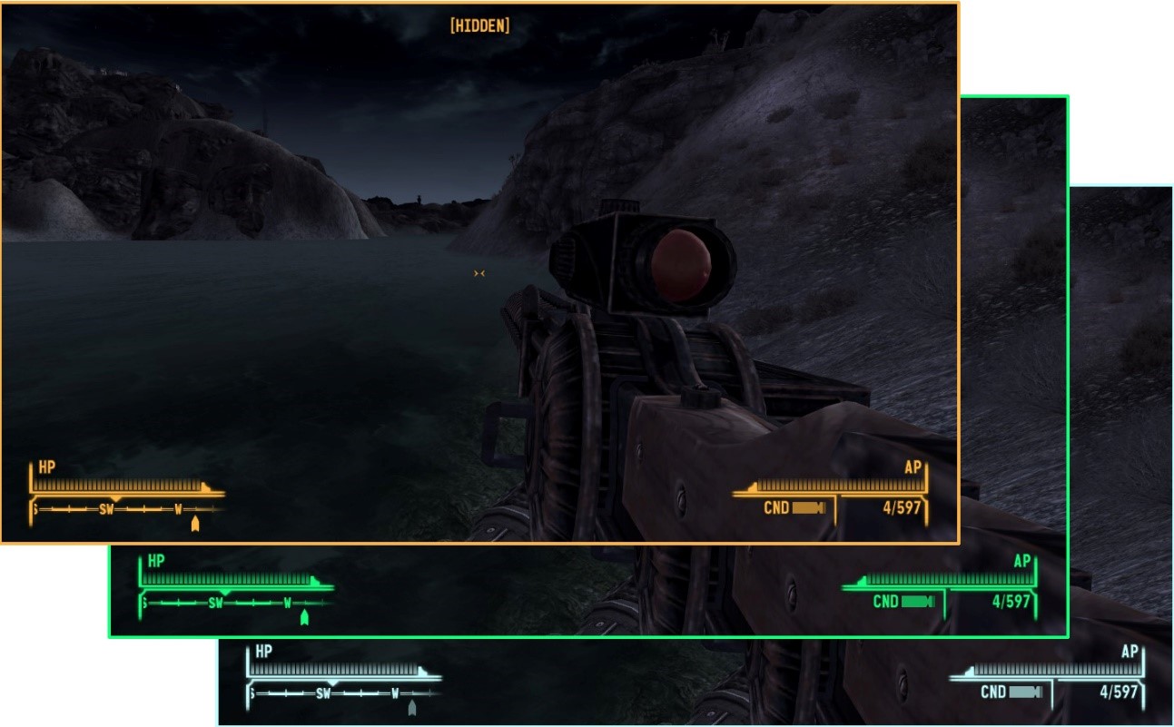 異なる色の HUD を使用した Fallout: New Vegas の 3 つのスクリーンショット。 1 つは HUD が黄色の場合です。 2 番目の場合は緑色です。 3 番目は水色です。