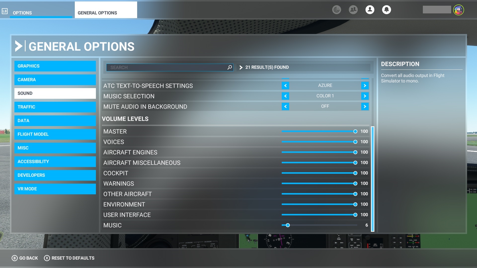 多数のゲームサウンドエフェクト用のボリューム スライダーを備えた Flight Simulator の一般的なオプション メニューのスクリーンショット。