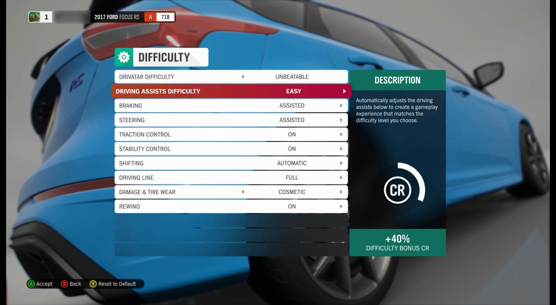 Forza Horizon 4 の [難易度] メニューのスクリーンショット。