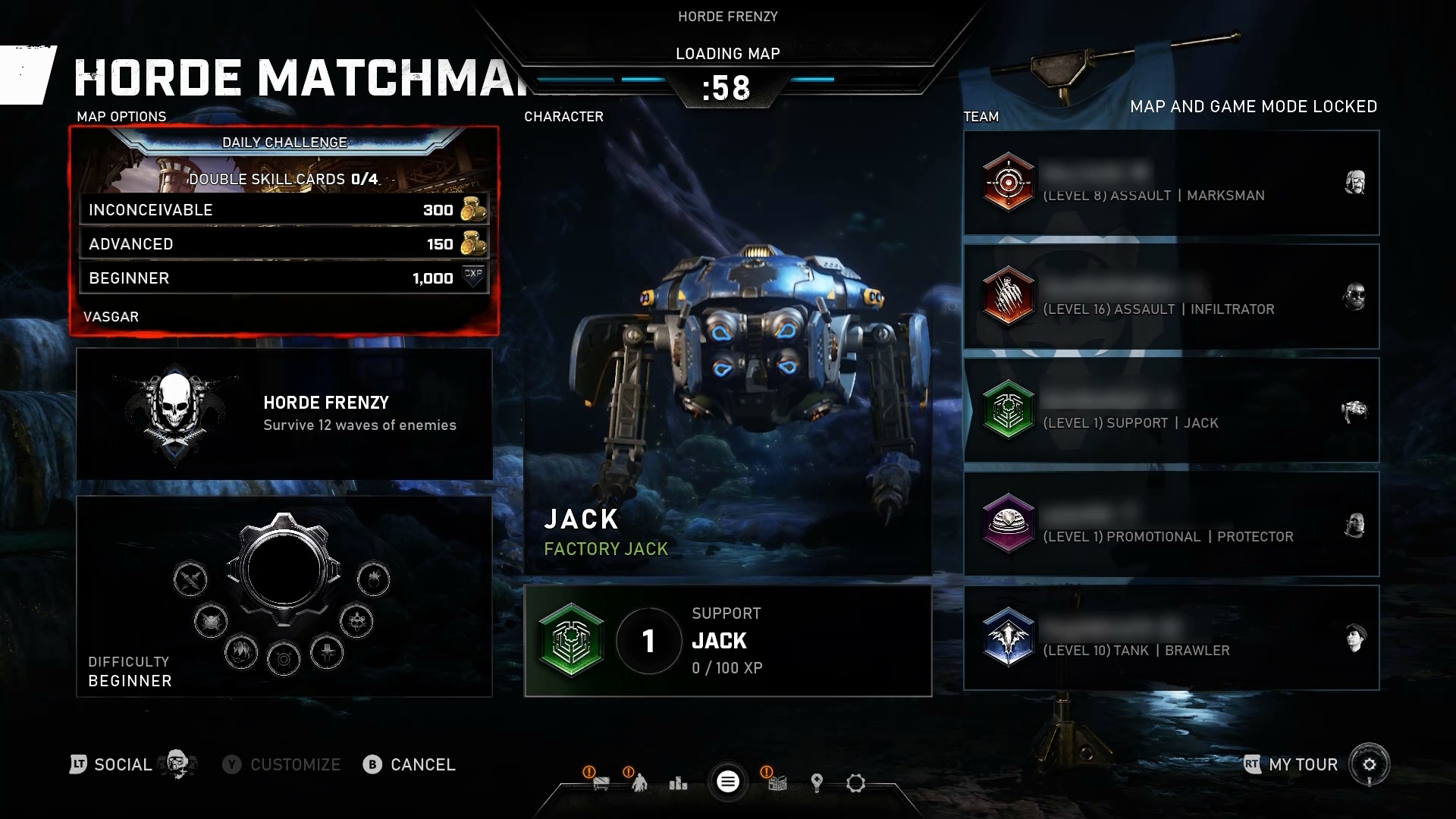 Gears 5 のスクリーンショット。[Horde Matchmaking] 画面が表示されます。58 秒と表示されたカウントダウン タイマーが画面の上部に表示されます。