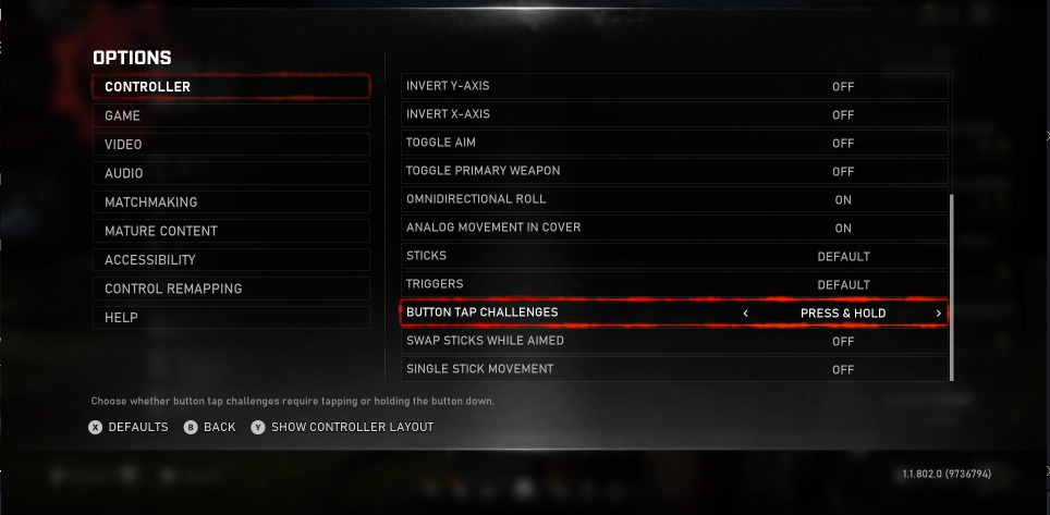 Gears 5 の [コントローラー オプション] メニュー。プレイヤーは[ボタンタップチャレンジ]オプションに焦点を当てています。現在の値は 