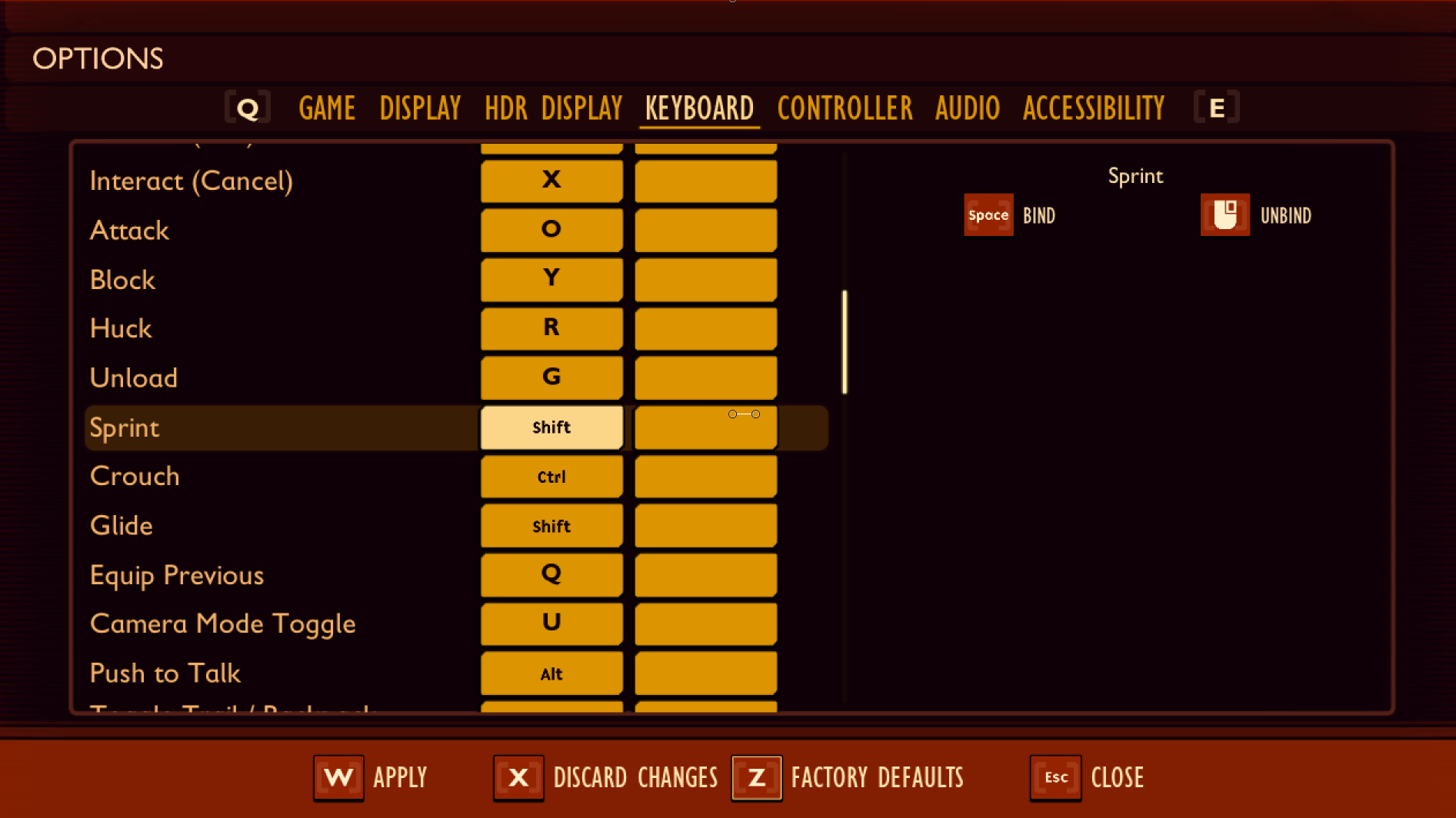 [オプション] メニューが表示されている Grounded のスクリーンショット。[キーボード] タブが選択され、[スプリント] が強調表示されています。