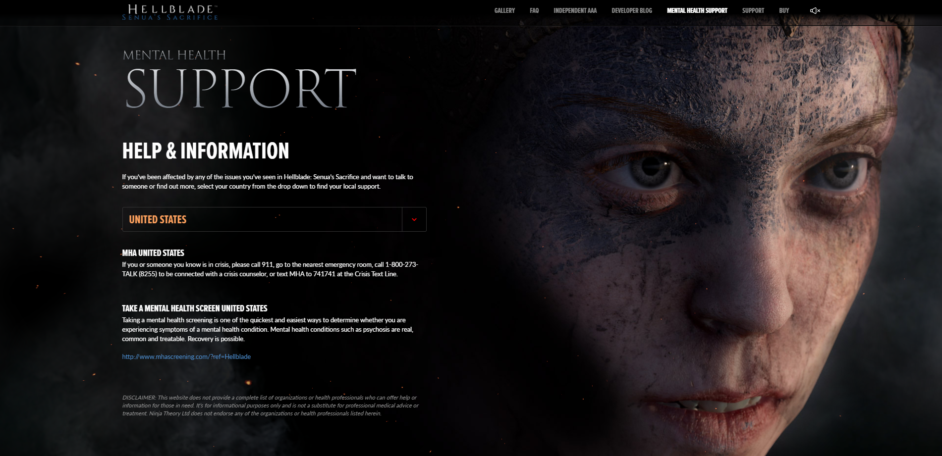 Hellblade Senua の 「Help & Information with drop down picker with the drop down picker for country where the 米国 are selected」 (Hellblade Senua のサクリファイス サポート ページ)ピッカーの下には、2 つの米国リソースがあり、MHA 米国連絡先番号とリンク付きの 