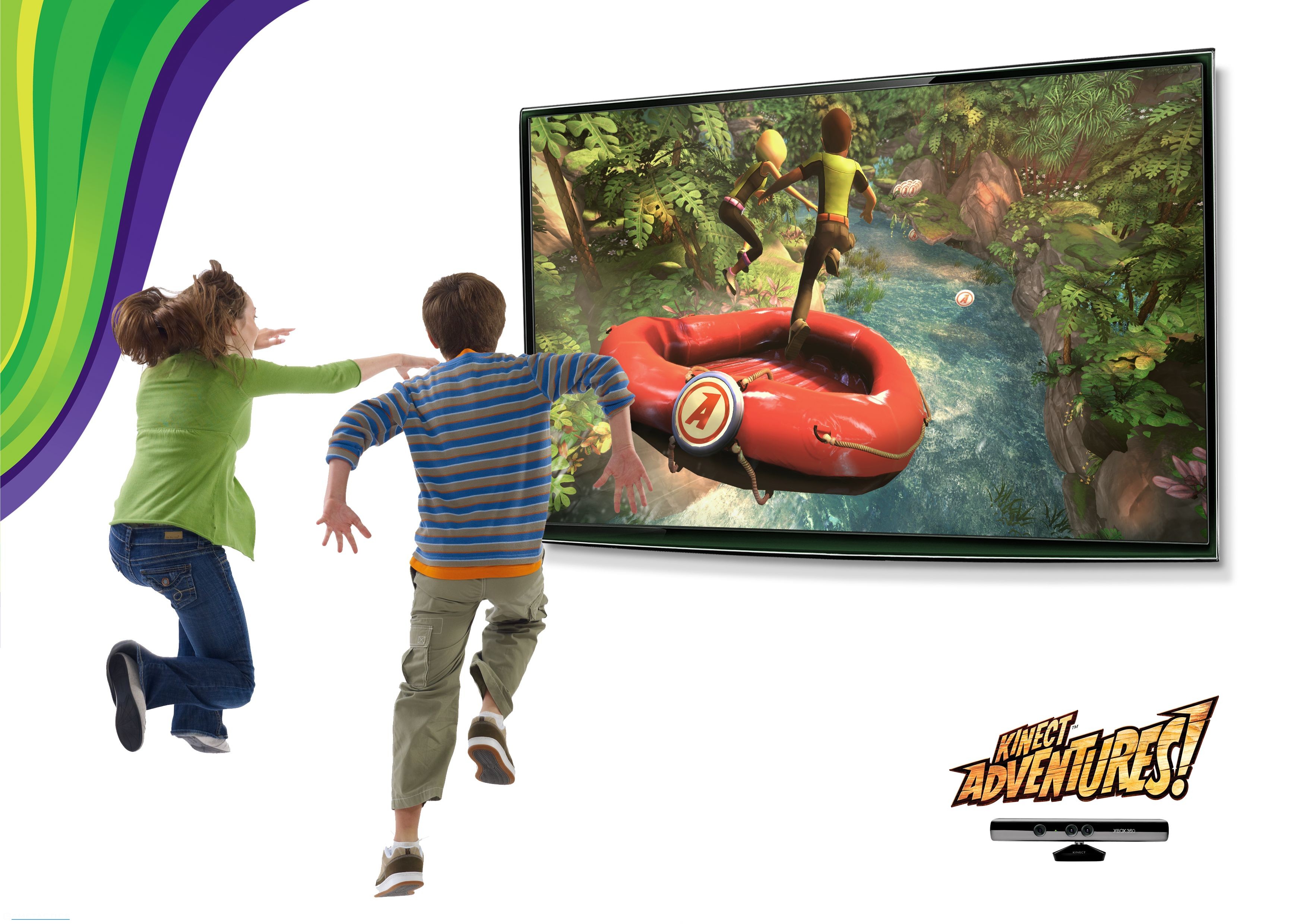 2 人の子供がテレビ画面の前にジャンプしている画像。Kinect Adventures のラフティング ゲームをプレイしています。