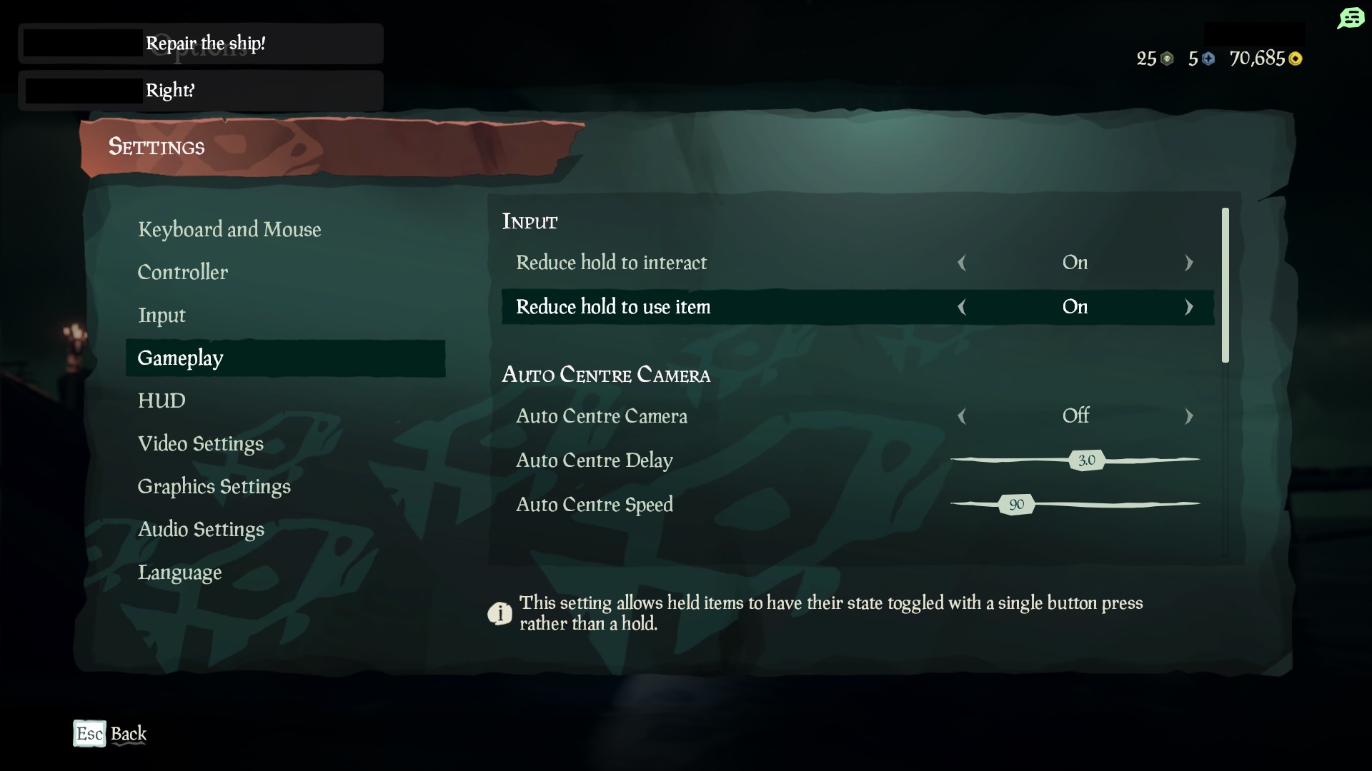 ゲームプレイ入力オプション [Reduce hold to use item](アイテムを使用するための長押しを減らす) が [オン] に設定された Sea of Thieves ゲームの [設定] を示すスクリーンショット