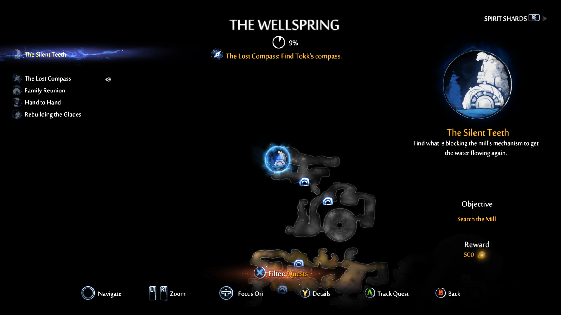 Ori and Will of the Wisps のマップ。領域のタイトルは画面の上部にあります。これは Wellspring と呼ばれます。タイトルの下に、全体の進行状況が 9% であることを示すインジケーターが表示されます。