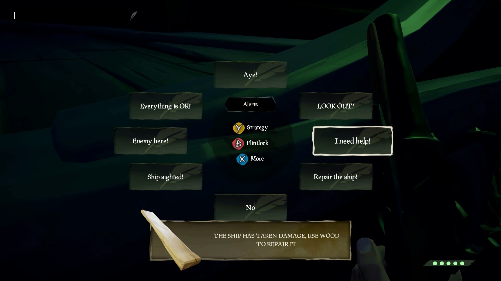 Sea of Thieves のスクリーンショット。[ヘルプが必要です] が選択された状態でチャット ホイールが表示されます。