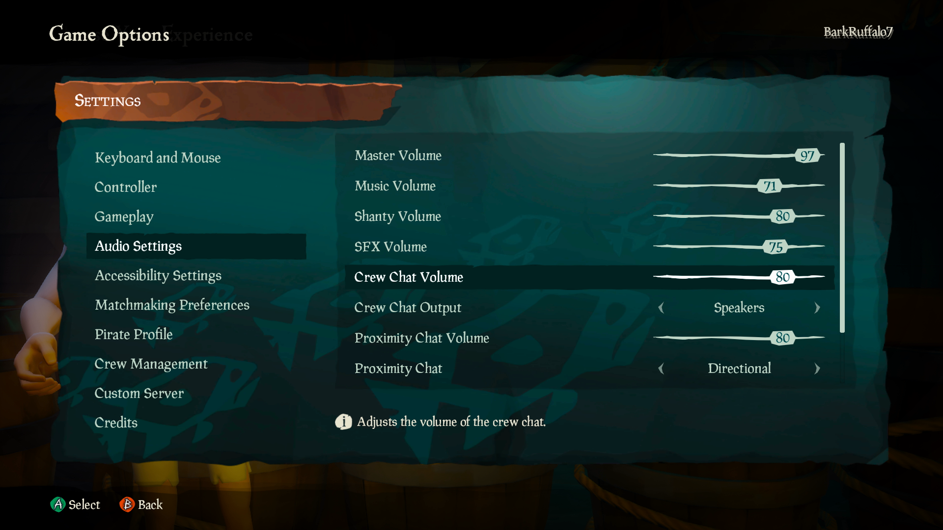 [ゲーム オプション] 画面を示す Sea of Thieves のスクリーンショット。[オーディオ設定] タブがアクティブになります。[クルー チャットの音量] スライダーが選択され、80 にセットされています。