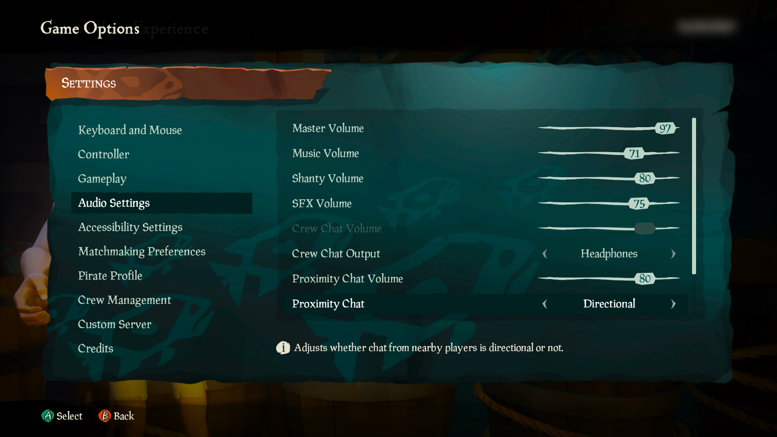 Sea of Thieves のオーディオ設定メニュー。 プレイヤーは近接チャットの設定に集中します。 方向性が設定されています。