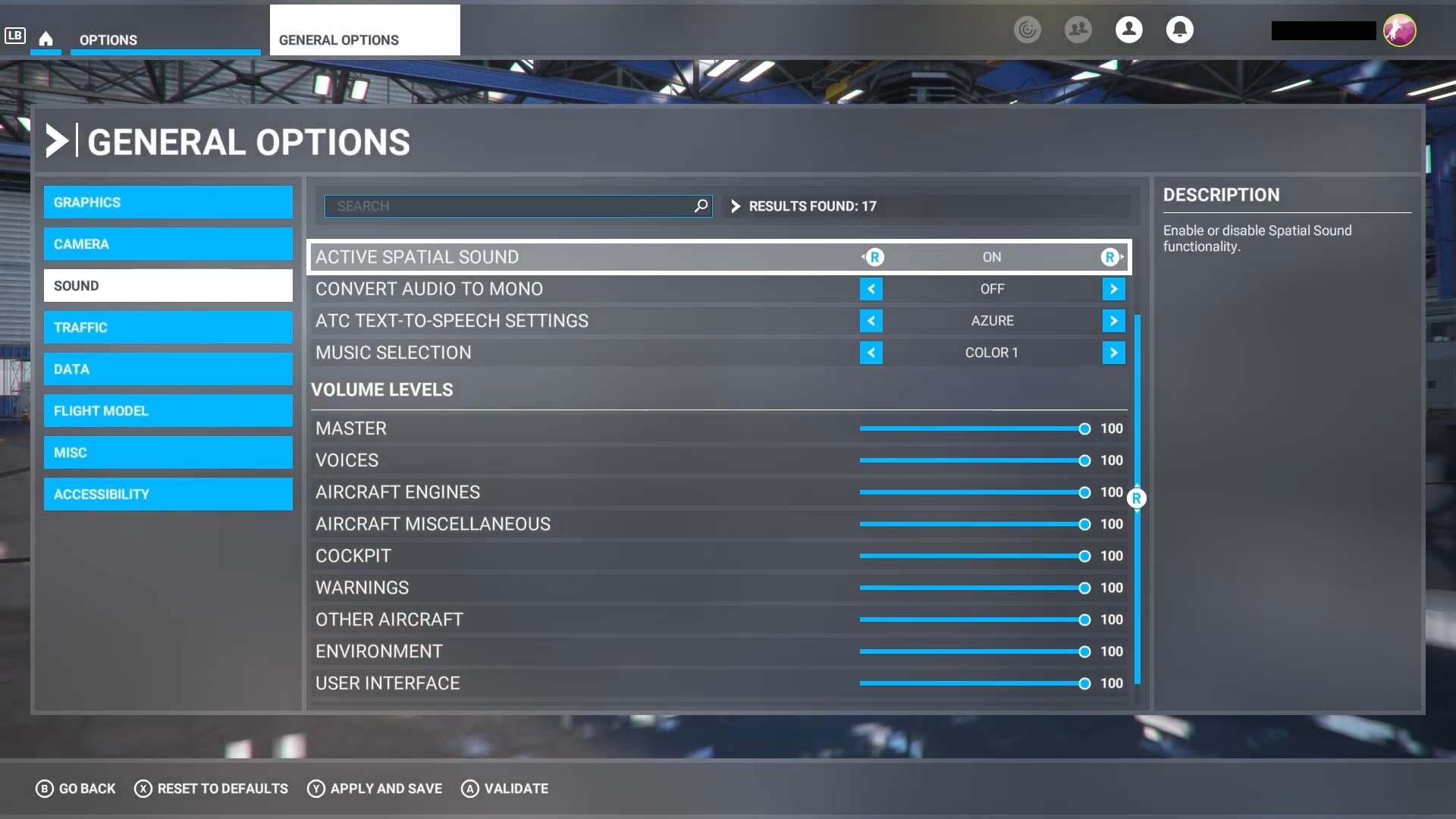 アクティブな空間サウンドを有効にするオプションがある Flight Simulator の全般オプション メニューのスクリーンショット。