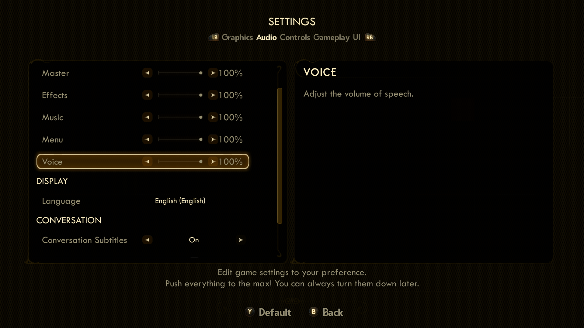 [設定] メニューが表示されている The Outer Worlds のスクリーンショット。[オーディオ] タブが選択され、[音声] スライダーが選択され、100% に設定されます。