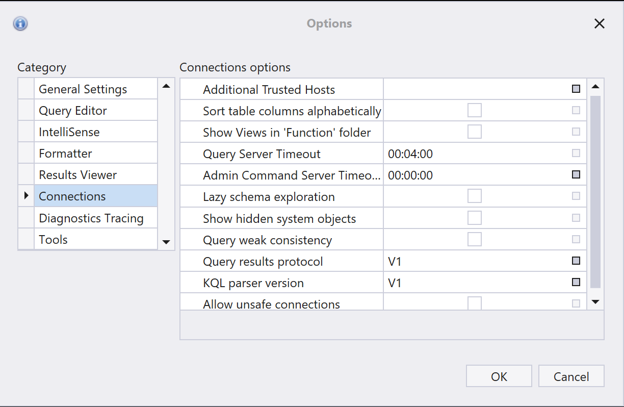 Kusto.Explorer は V1 クエリ スキーマを使用します