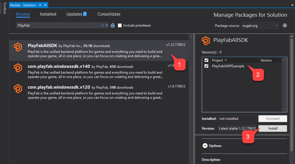 Visual Studio での PlayFab SDK のインストール