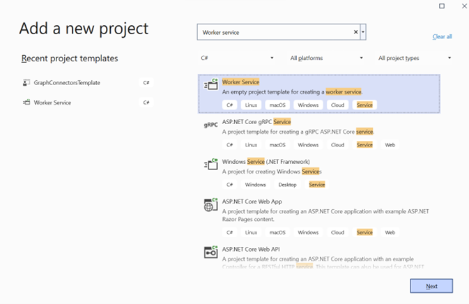 Worker サービスが選択された [新しいプロジェクトの追加] ページのスクリーンショット