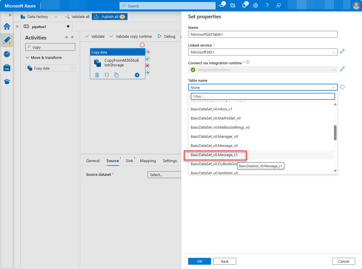 データセットの一覧が展開された Azure portal Factory リソース ページのスクリーンショット。