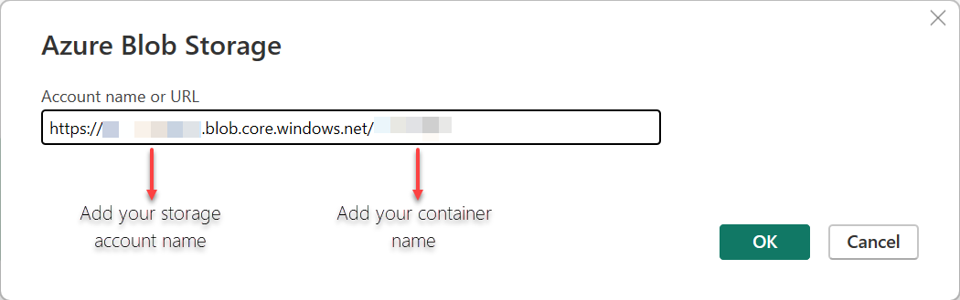 Power BI でデータを取得するために Azure Blob Storage アカウント URL を追加する方法を示すスクリーンショット。