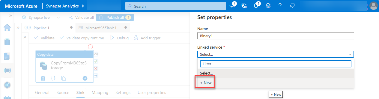 リンクされたサービスが強調表示されている [プロパティの設定] ウィンドウのスクリーンショット。