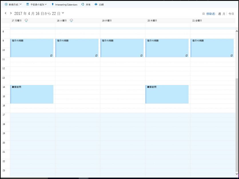 空き時間を示す 4 月 17 日から 21 日の開催者の作業予定表 空き時間