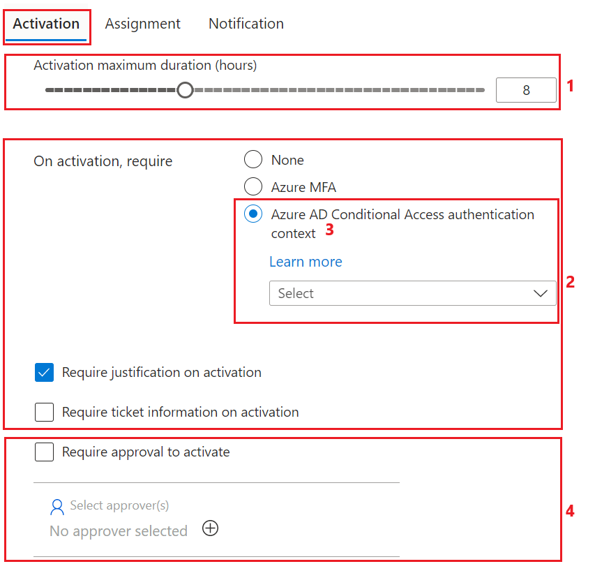 Microsoft Entra 管理センターの PIM ロールアクティブ化設定。