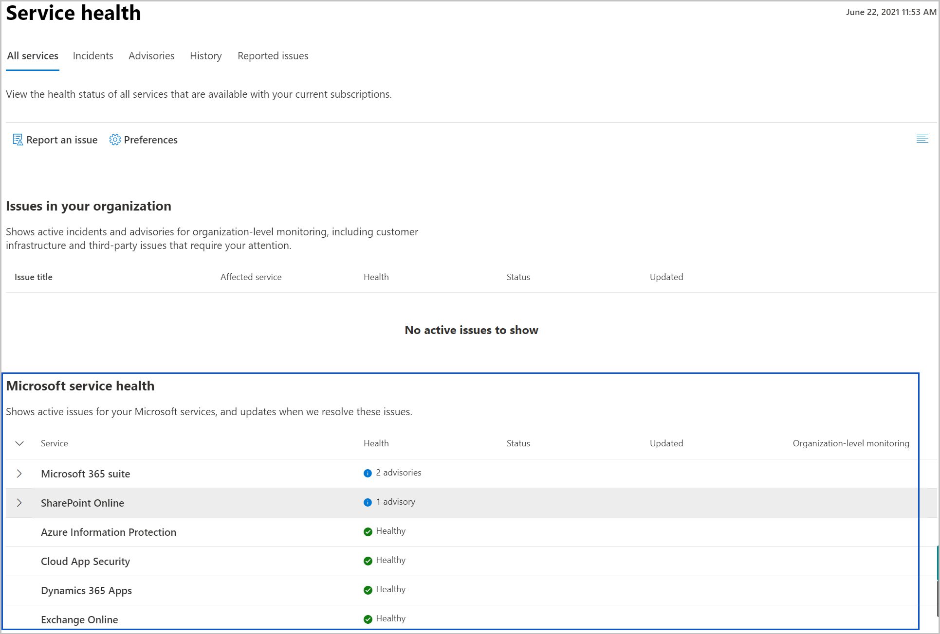 ユーザーのための Microsoft 365 管理センターのサービス正常性ダッシュボードのスクリーンショット