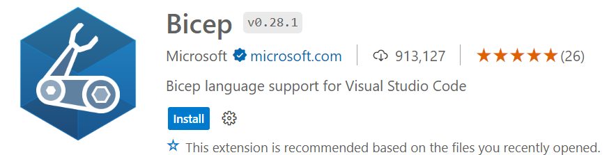 Bicep 拡張機能のインストールのスクリーンショット。