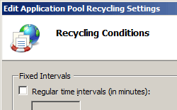 [アプリケーション プールのリサイクル設定の編集] ページのスクリーンショット。[固定間隔] セクションは上部にあります。