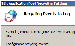 アプリケーション プールのリサイクル設定の編集ウィザードの [ログへのイベントのリサイクル] ページの画像。