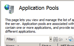 [フィルター] フィールドを示す [アプリケーション プール] 画面のスクリーンショット。