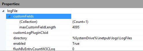 logFile と customFields の展開されたメニュー選択が表示されている [プロパティ] ペインのスクリーンショット。