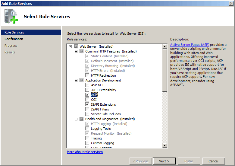 Windows Server 2008 で選択されている S P を示すスクリーンショット。