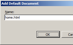 [既定のドキュメントの追加] ダイアログ ボックスのスクリーンショット。[名前] ボックスに、ホーム ドット h t m l が書き込まれます。