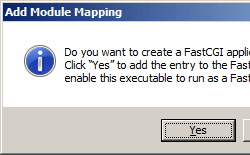 Fast C G I アプリケーションを作成するための [モジュール マッピングの追加] プロンプトを示すスクリーンショット。