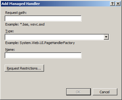 スクリーンショットは、[要求パス]、[種類]、[名前] のフィールドを含む [管理ハンドラーの追加] ダイアログ ボックスを示しています。