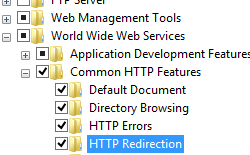 インターネット インフォメーション サービス ナビゲーション ツリーのスクリーンショット。[World Wide Web Services] オプションが展開されます。一般的な H T T P 機能が展開され、H T T P リダイレクトが選択されます。