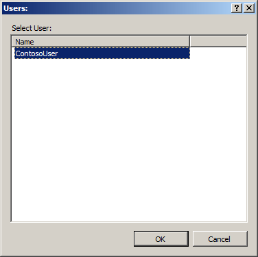 [ユーザー] ダイアログ ボックスのスクリーンショット。[ユーザーの選択] フィールドで Contoso ユーザーが強調表示されています。