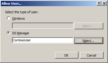 [I I S Manager] フィールドに Contoso ユーザーが表示されている [ユーザーの許可] ダイアログ ボックスのスクリーンショット。
