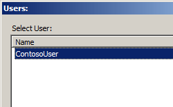 Contoso ユーザーが一覧表示されている [ユーザー] ダイアログ ボックスを示すスクリーンショット。