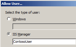 [ユーザーの許可] ダイアログ ボックスを示すスクリーンショット。I I S Manager が選択され、Contoso ユーザーがフィールドに一覧表示されます。