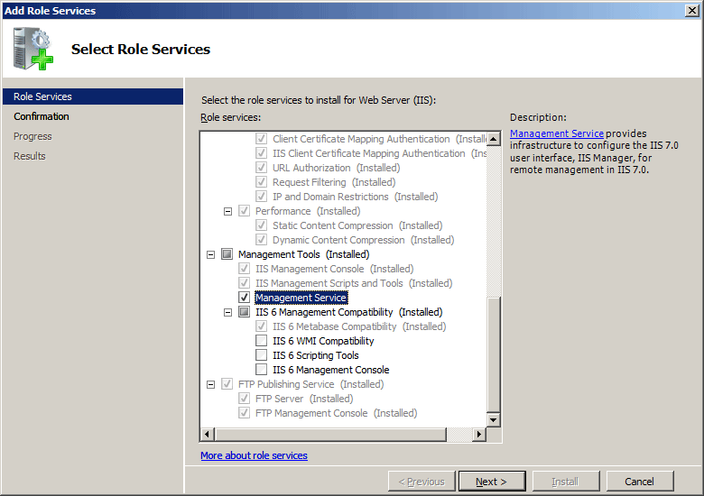 Windows Server 2008 インターフェイスで選択されている管理サービスのスクリーンショット。