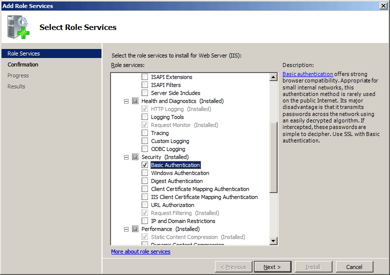 Windows Server 2008 インターフェイスで選択されている基本認証のスクリーンショット。