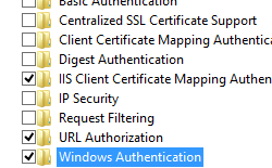 インターネット インフォメーション サービス フォルダーの包含フォルダーのスクリーンショット。Windows 認証フォルダーが強調表示されています。