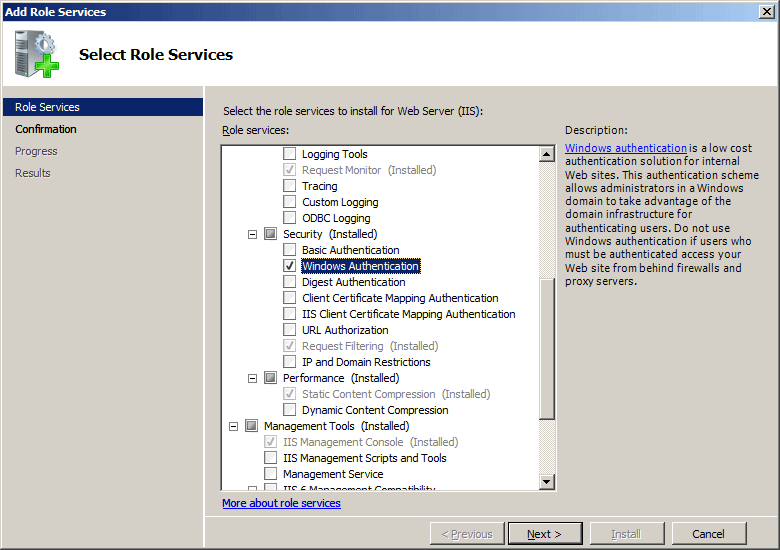 選択され強調表示されている Windows 認証オプションを示す役割サービスの追加ウィザードのスクリーンショット。