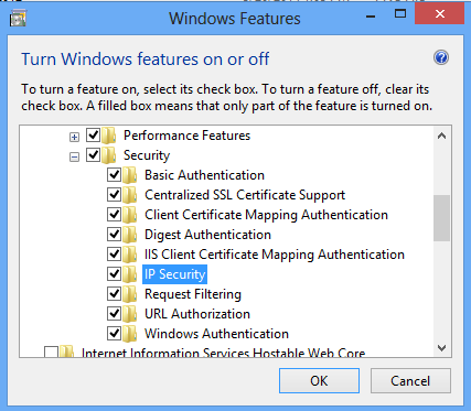 [I P セキュリティ] が選択された [Windows の機能] ウィンドウを示すスクリーンショット。