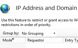 I I S マネージャーの [I P アドレスとドメインの制限] ウィンドウを示すスクリーンショット。