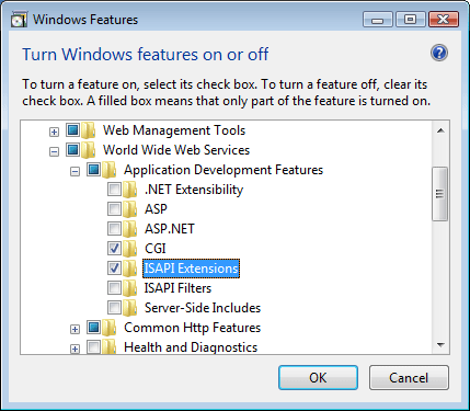 [I S A P I 拡張機能] 機能が強調表示されている [Windows 機能] ダイアログのスクリーンショット。